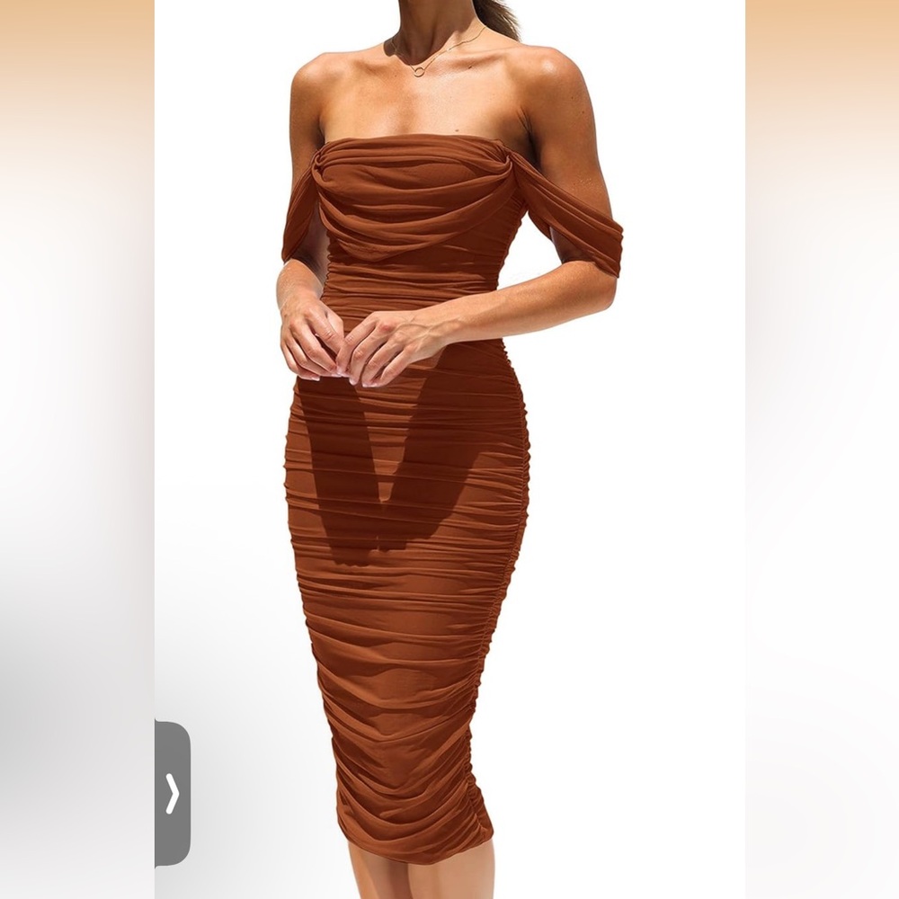 Off-Shoulder Ruched Bodycon Dress in Rust/Camel